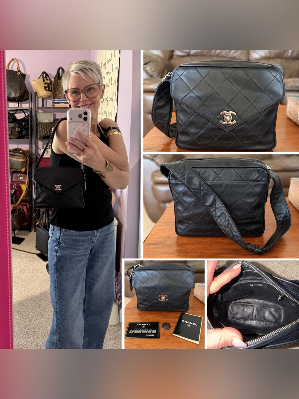 Vintage CHANEL Black Quilted Leather Camera Bag with Silver CC